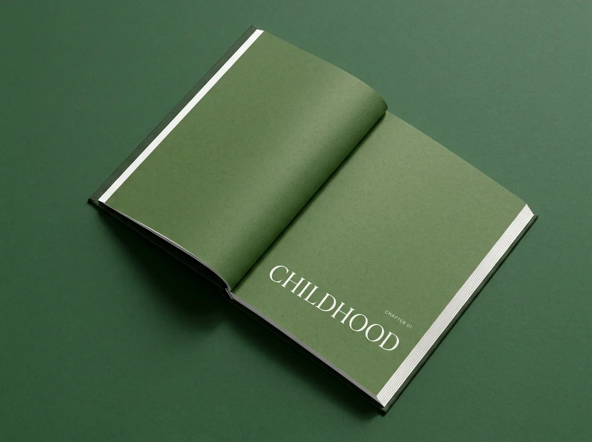 The book open at a chapter page, the chapter title alone on a green spread