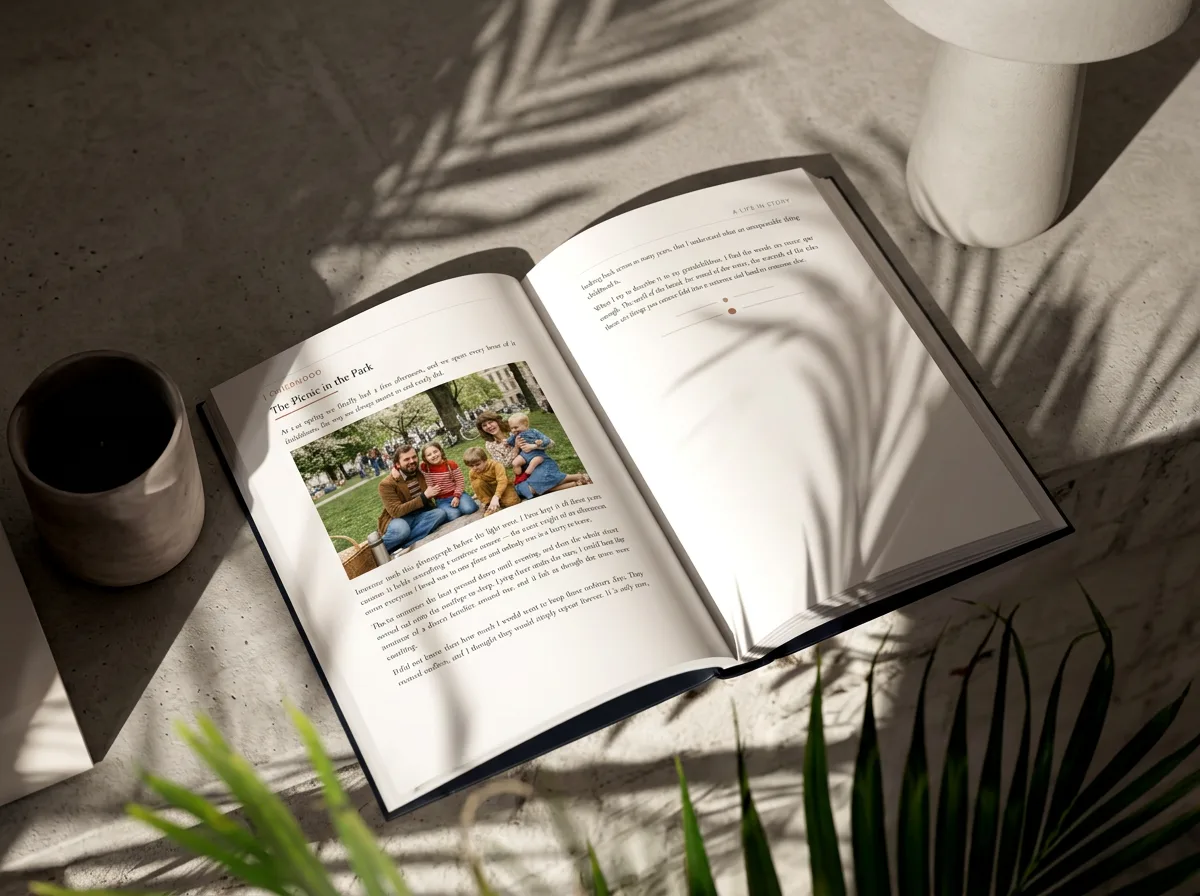 The book open in daylight, a family photograph printed beside the story it belongs to